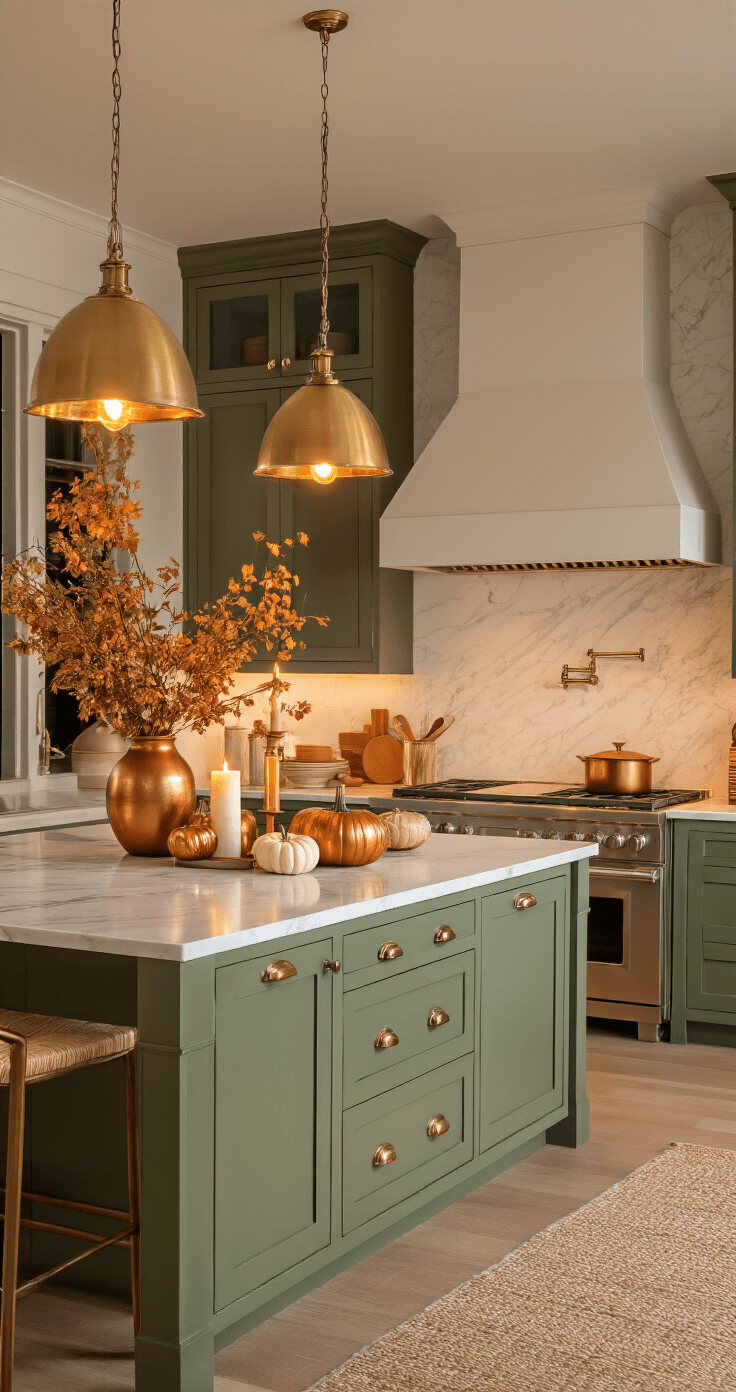 A cozy kitchen interior bathed in warm autumn lighting, featuring brass pendant lights over a marble island, flickering candles, copper accents, sage green cabinets, and cream pumpkins, all creating an inviting atmosphere for fall gatherings.