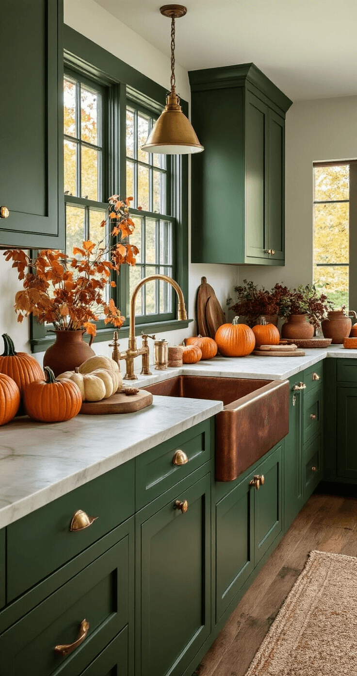Farmhouse kitchen featuring deep forest green cabinets, warm brass hardware, and a copper sink, styled with burnt orange pumpkins, cream gourds, burgundy foliage, wooden cutting boards, and earthy ceramic vessels in a rich fall color palette under natural daylight.