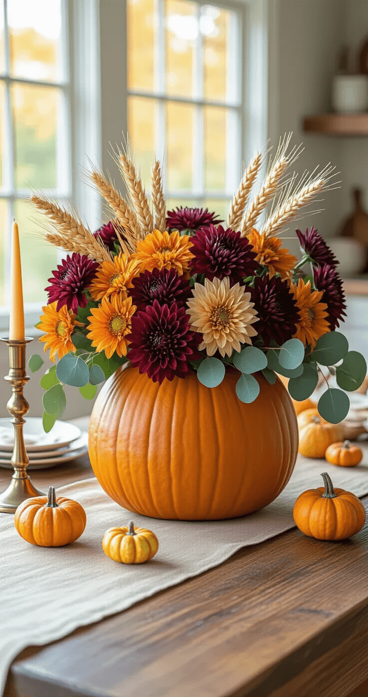 Large hollowed pumpkin centerpiece overflowing with burgundy chrysanthemums and wheat, adorned with eucalyptus branches, on a rustic dining table. Scattered mini gourds and brass candlesticks complement the harvest gold linen runner, all bathed in warm afternoon light from nearby windows, with a soft-focus kitchen in the background.