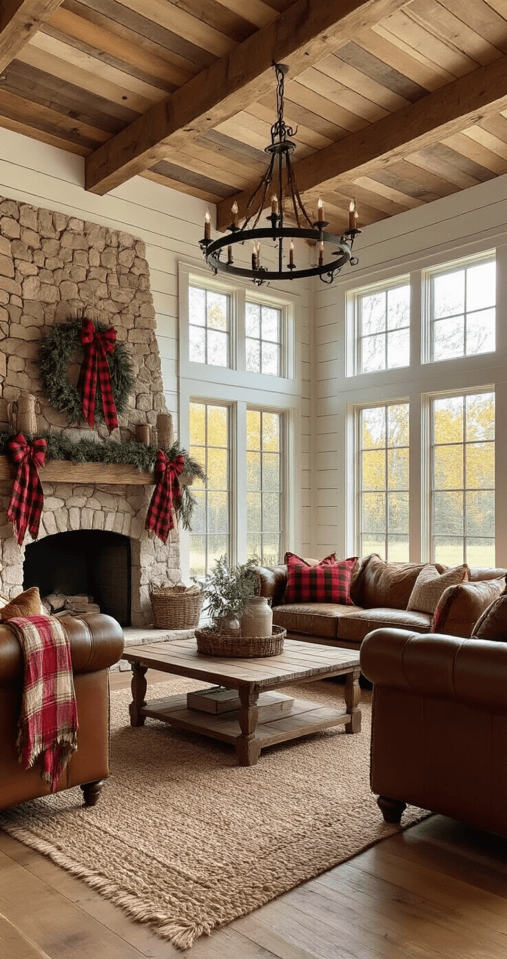 A cozy rustic farmhouse great room featuring shiplap walls, a reclaimed wood ceiling, and soft morning light filtering through multi-pane windows. The space includes a massive Douglas fir tree beside a stone fireplace, adorned with burlap, twine bows, and red plaid ribbon. Decor is in warm earth tones, with distressed leather furniture, vintage quilts, and mason jar accents beneath a wrought iron chandelier. The wide-angle view captures the inviting, nostalgic atmosphere.