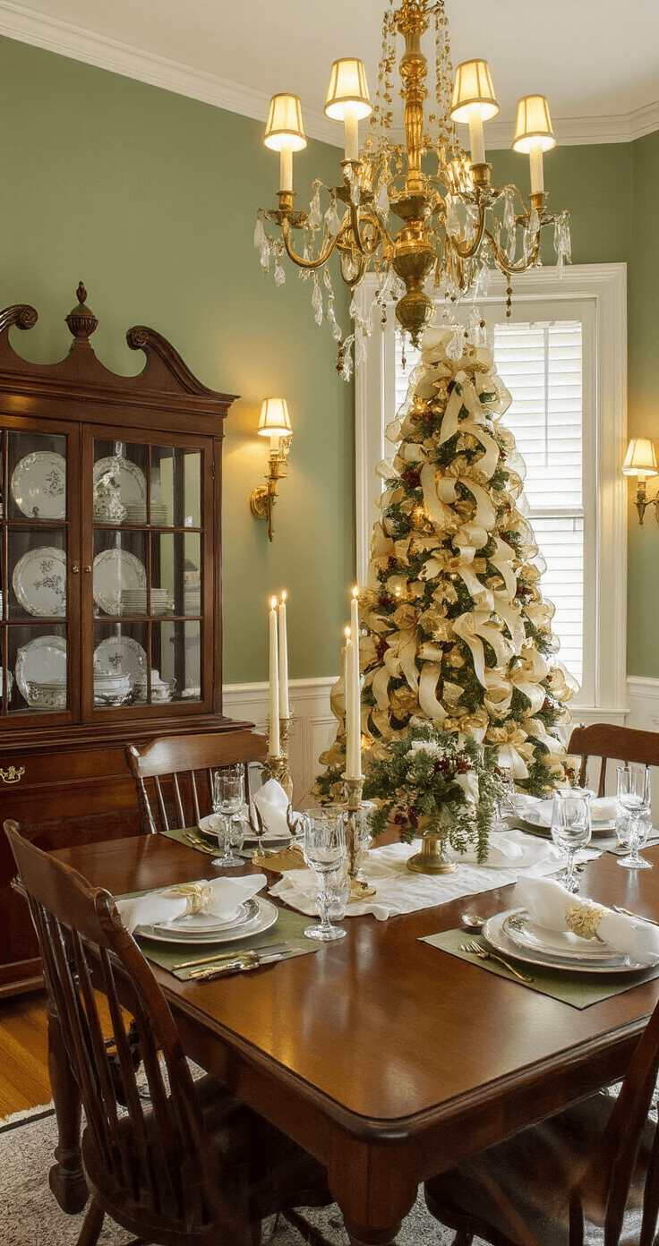 A cozy colonial dining room featuring sage green upper walls and wainscoting, illuminated by warm lamplight from a brass chandelier. A 6-foot balsam fir tree adorned with cream and gold ribbon bows stands in the corner, complementing the elegant holiday decor in forest green, cream, antique gold, and deep red. The mahogany dining table is set with fine linens, surrounded by Windsor chairs and a china cabinet displaying heirloom pieces, creating a refined and welcoming atmosphere for an intimate dinner party.