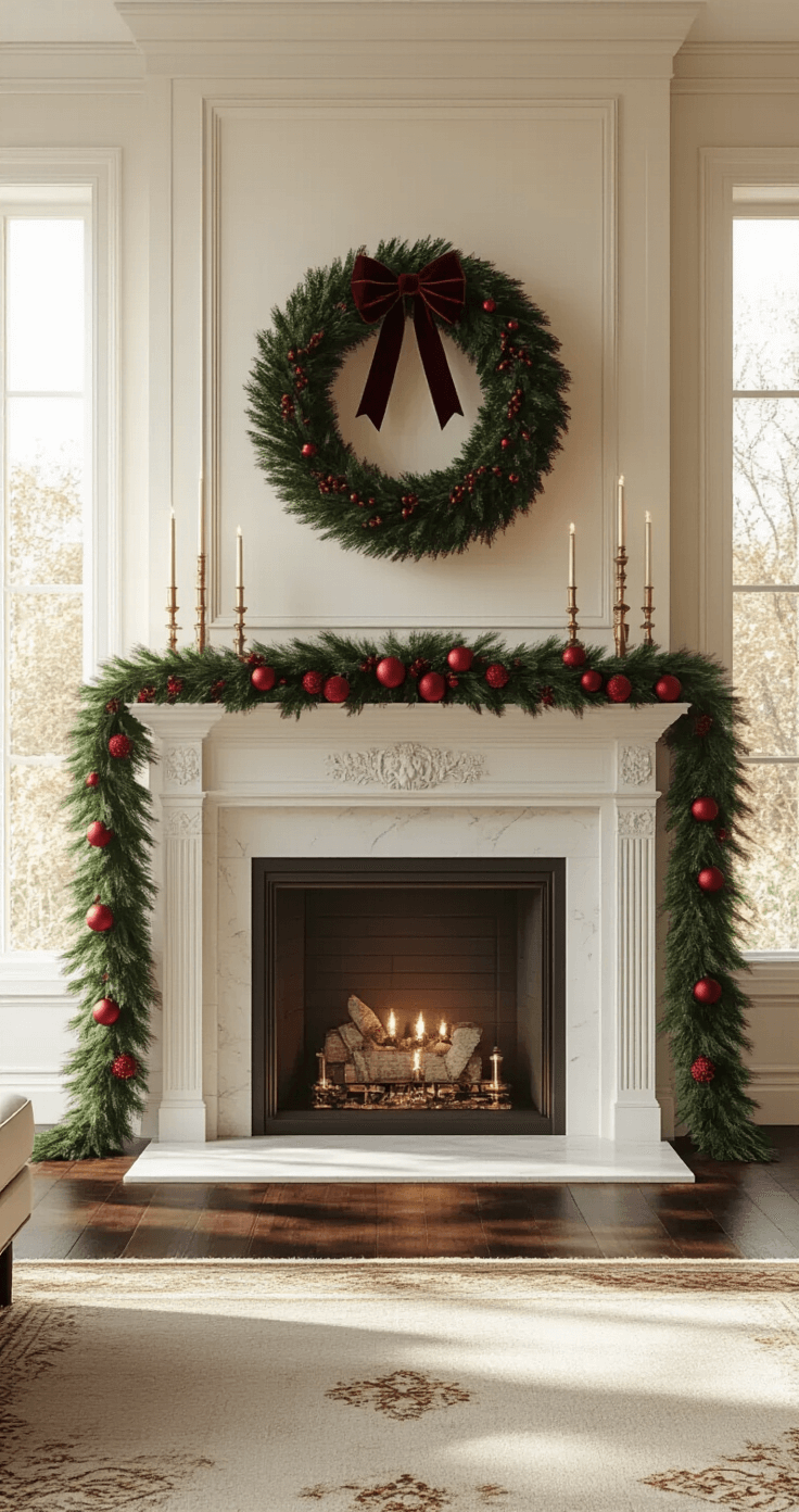 Photorealistic living room featuring cream walls and dark hardwood floors, illuminated by golden hour sunlight. An oversized evergreen wreath with a burgundy velvet ribbon hangs above a marble fireplace, flanked by vintage holiday art prints in ornate gold frames. Traditional green garland adorned with red glass ornaments drapes the mantel, and warm candlelight flickers from brass candelabras, creating a rich emerald and crimson color palette with gold accents. Shot from a low angle in a 3/4 perspective.