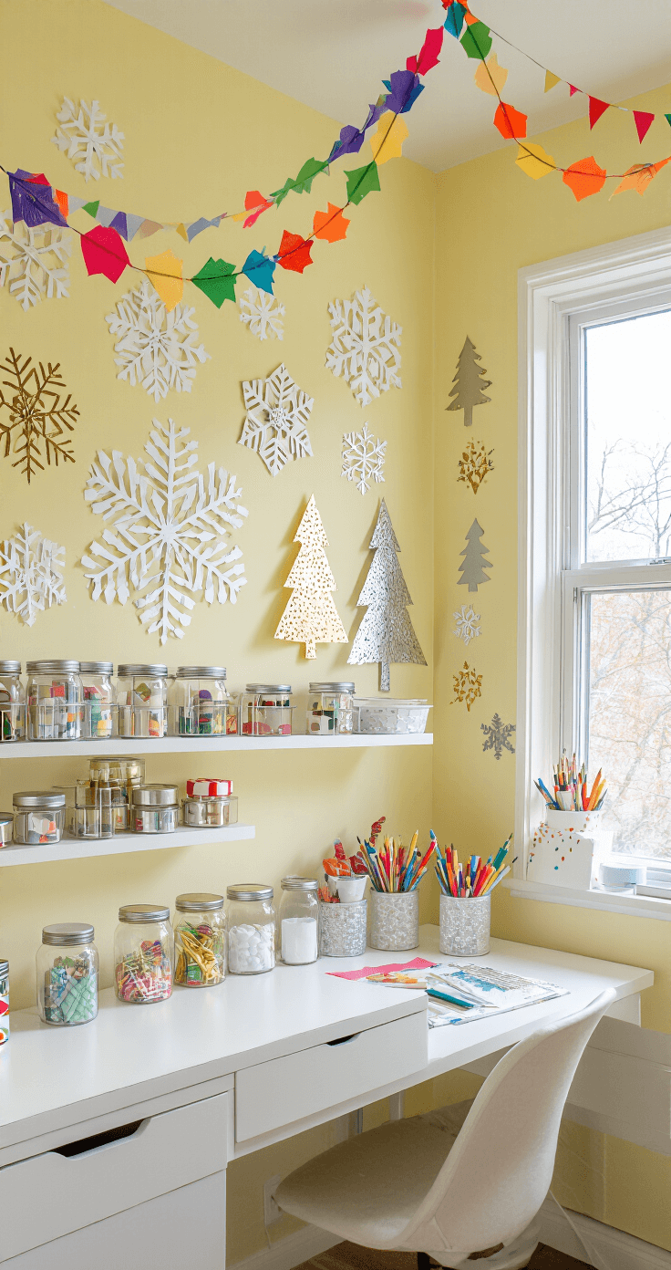 Bright craft room featuring pale yellow walls, natural light from a north-facing window, and a gallery wall of handmade paper snowflakes. Metallic gold and silver washi tape Christmas trees form a geometric forest. White floating shelves display crafting supplies in glass jars, while colorful paper garlands hang from the ceiling. A modern white desk is organized with supplies, all captured from a slight overhead angle to highlight the vibrant creative space.