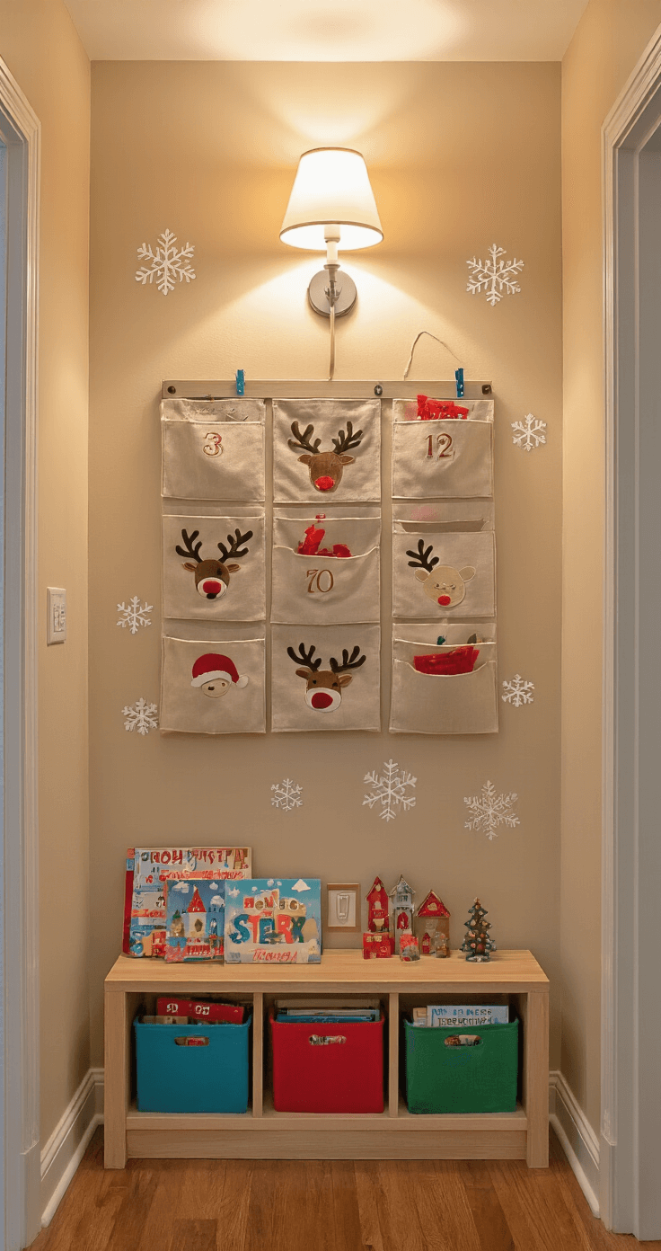 Child's eye view of a cozy family hallway with warm beige walls, illuminated by soft lamplight. An interactive advent calendar with fabric pockets is mounted at child height, accompanied by playful removable wall decals of reindeer and snowflakes. Mismatched colorful frames display family holiday photos, while a small wooden shelf holds holiday books. The space features bright primary colors with white accents and includes kid-friendly furniture, creating a whimsical and magical atmosphere.