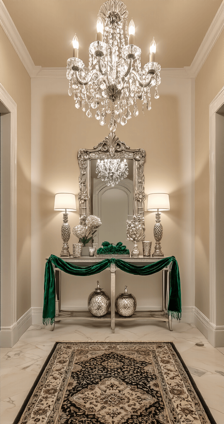 Elegant entryway foyer with two-story ceiling, featuring a crystal chandelier and warm amber evening lighting, styled with silver beaded garland and emerald velvet ribbon, mixed metallic ornaments, an ornate silver-framed mirror, and a console table adorned with mercury glass votives, all set on marble floors with a Persian runner.