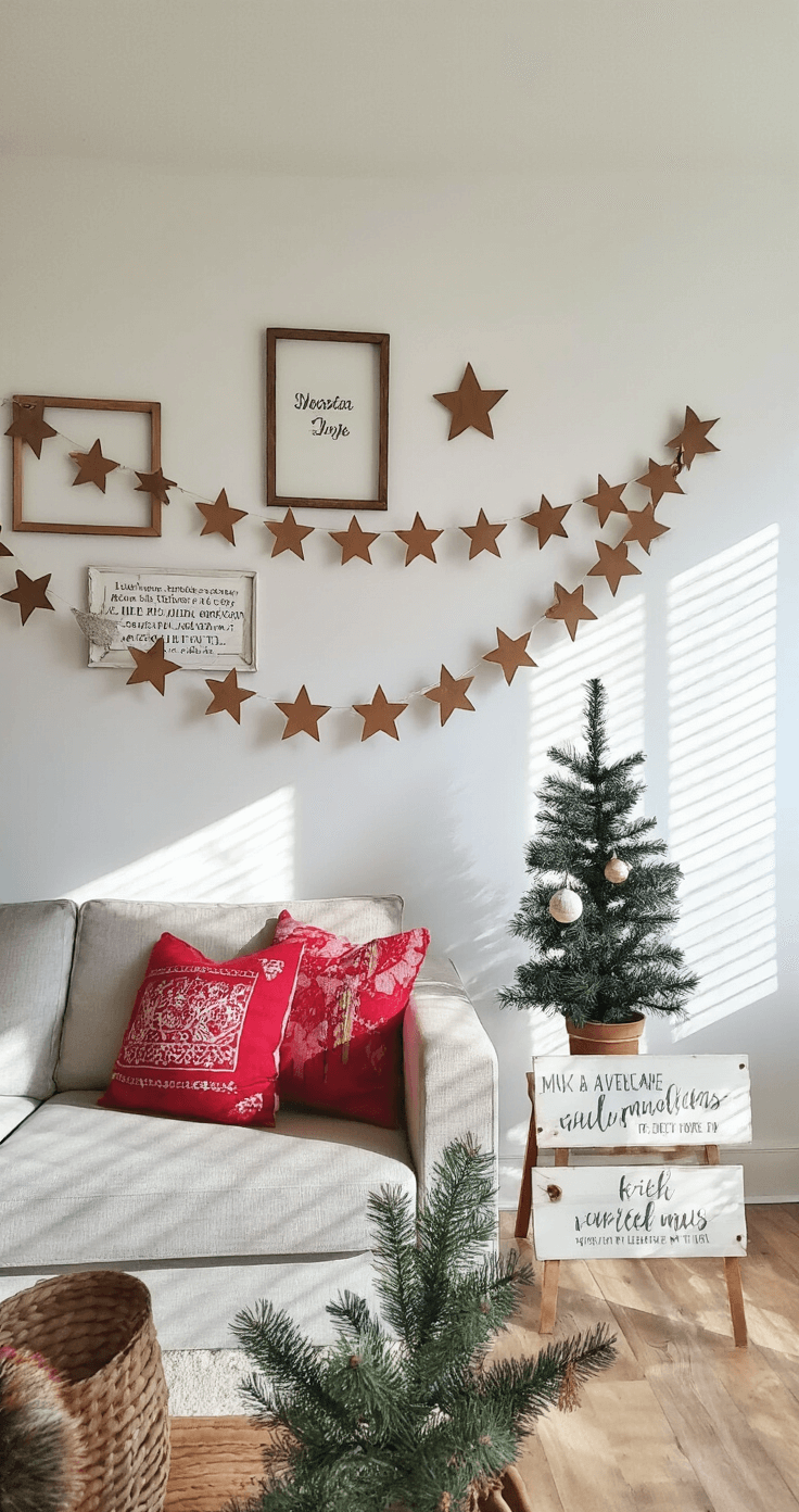 A budget-friendly living room in a 10x12-ft space featuring white walls and laminate floors, adorned with mason jar string lights, DIY paper star garland, thrifted vintage frames with holiday quotes, and a small potted evergreen decorated with handmade ornaments, all styled with natural colors and pops of red, including thoughtfully arranged Ikea furniture and hand-lettered signs on reclaimed wood.