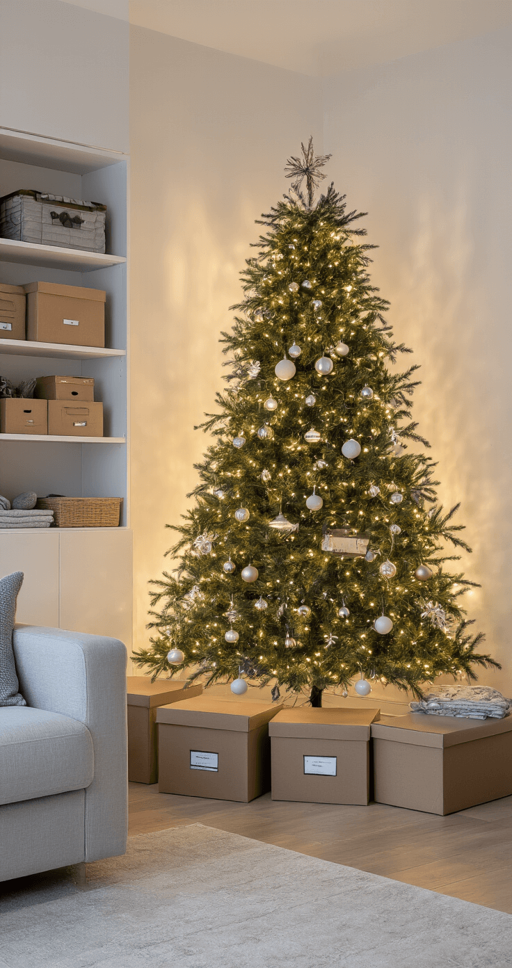 A modern living room featuring evening ambient lighting, a beautifully maintained wall Christmas tree, and organized ornament storage containers nearby. The space showcases contemporary furniture, built-in shelving, and a systematic approach to seasonal decorating with labeled boxes and tangle-free light storage, creating a practical and aesthetically pleasing atmosphere.
