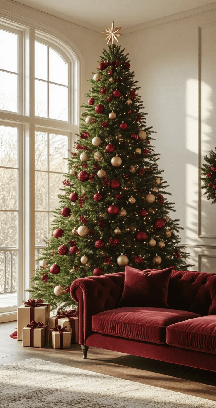 A modern living room featuring a 9-foot Christmas tree adorned with cardinal red and forest green ornaments, champagne gold accents, and vintage glass baubles. The rich burgundy velvet sofa complements the cream walls and hardwood floors, while golden hour lighting casts warm shadows through tall windows. A wide-angle view from the corner captures the intimate holiday atmosphere.