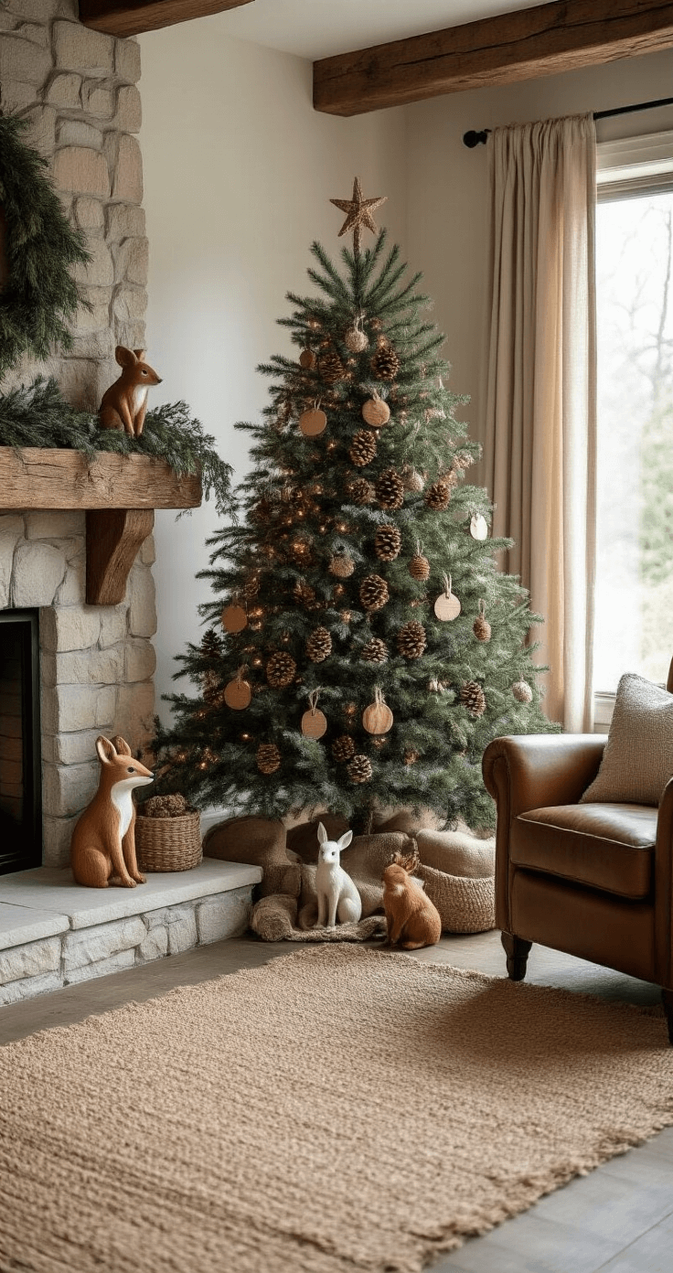 A rustic living space featuring a nature-inspired Christmas tree adorned with wooden ornaments and pinecone clusters, alongside dried eucalyptus sprays and woodland animal figurines. The scene includes a reclaimed wood mantel above a stone fireplace, a jute rug, and a leather armchair, all illuminated by soft morning light filtering through linen curtains. Natural textures like burlap ribbons, bark accents, and moss details enhance the organic styling and earthy holiday elegance.