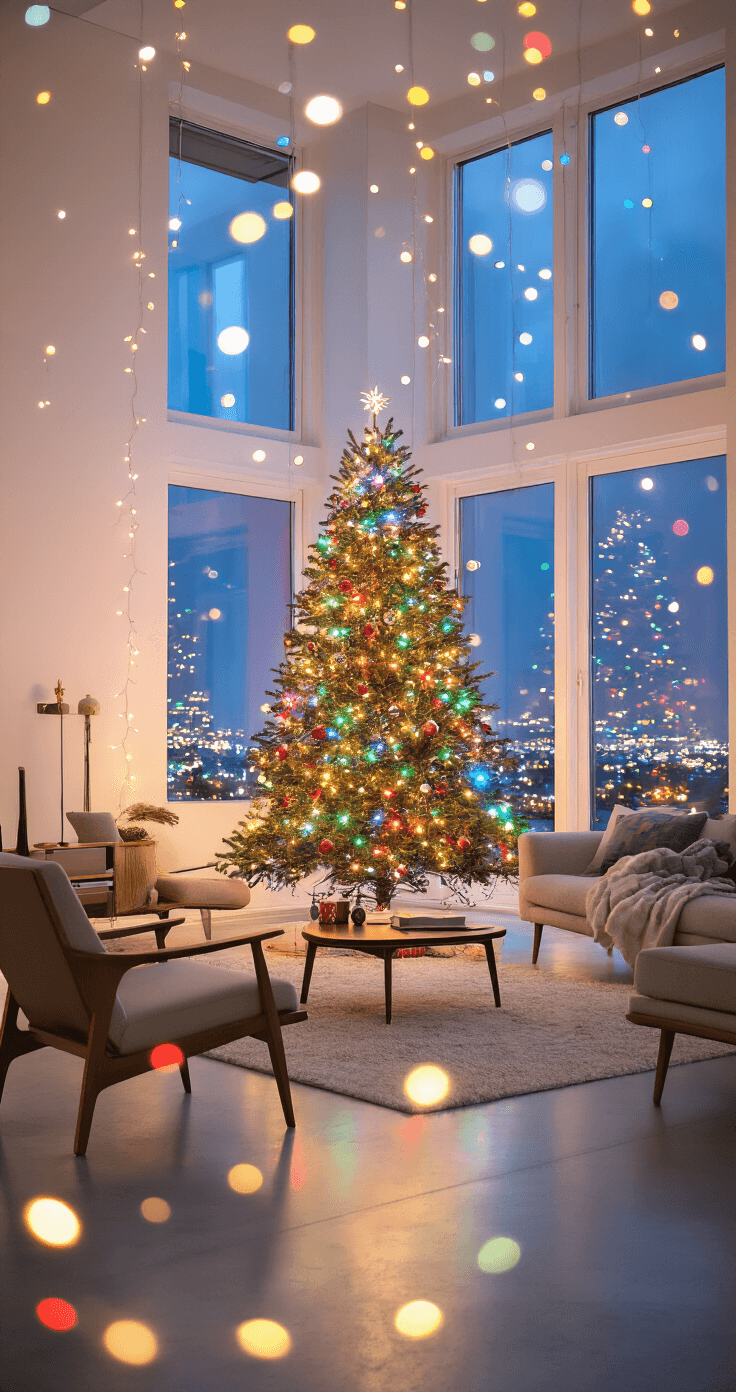 Contemporary living room decorated for Christmas, featuring a colorful LED-lit tree, fairy lights, mid-century modern furniture, and large windows showcasing city lights at twilight, with a focus on illuminated ornaments and bokeh effects.