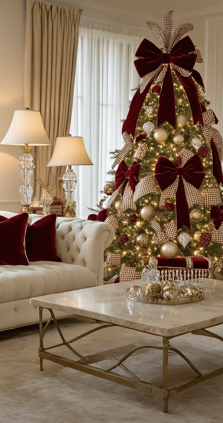 Elegant formal living room with a Christmas tree decorated with oversized burgundy and gold velvet bows, accented by gingham ribbons and metallic baubles, featuring a tufted cream sofa, marble coffee table, and silk drapes bathed in warm evening light.