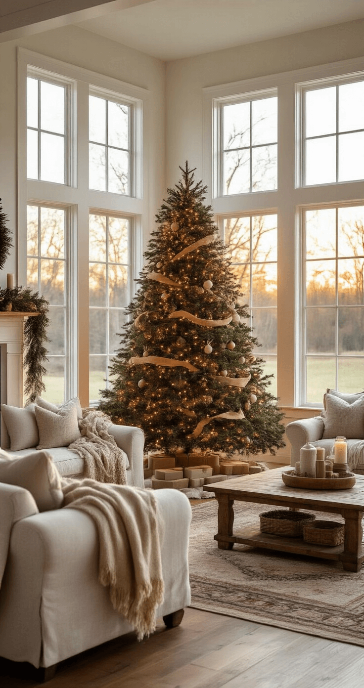 Photorealistic interior of a spacious farmhouse living room at golden hour, featuring a 7-foot Fraser fir Christmas tree with natural wood ornaments and warm white fairy lights, cozy linen sofas with wool throws, a rustic coffee table, and hardwood floors with a vintage rug, all illuminated by soft natural light streaming through white-trimmed floor-to-ceiling windows, evoking a nostalgic warmth.