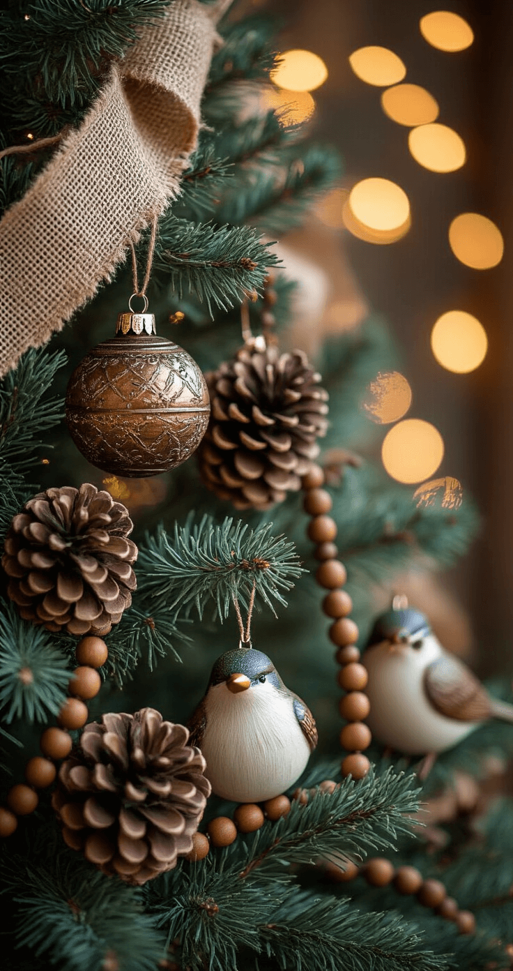 Close-up of rustic Christmas tree branches featuring burlap ribbon, wooden bead garland, handpainted pinecone ornaments, and ceramic bird figurines, beautifully illuminated by warm white string lights; deep reds, navy blues, and bronze metallics contrast with evergreen needles, creating a cozy, magical atmosphere.
