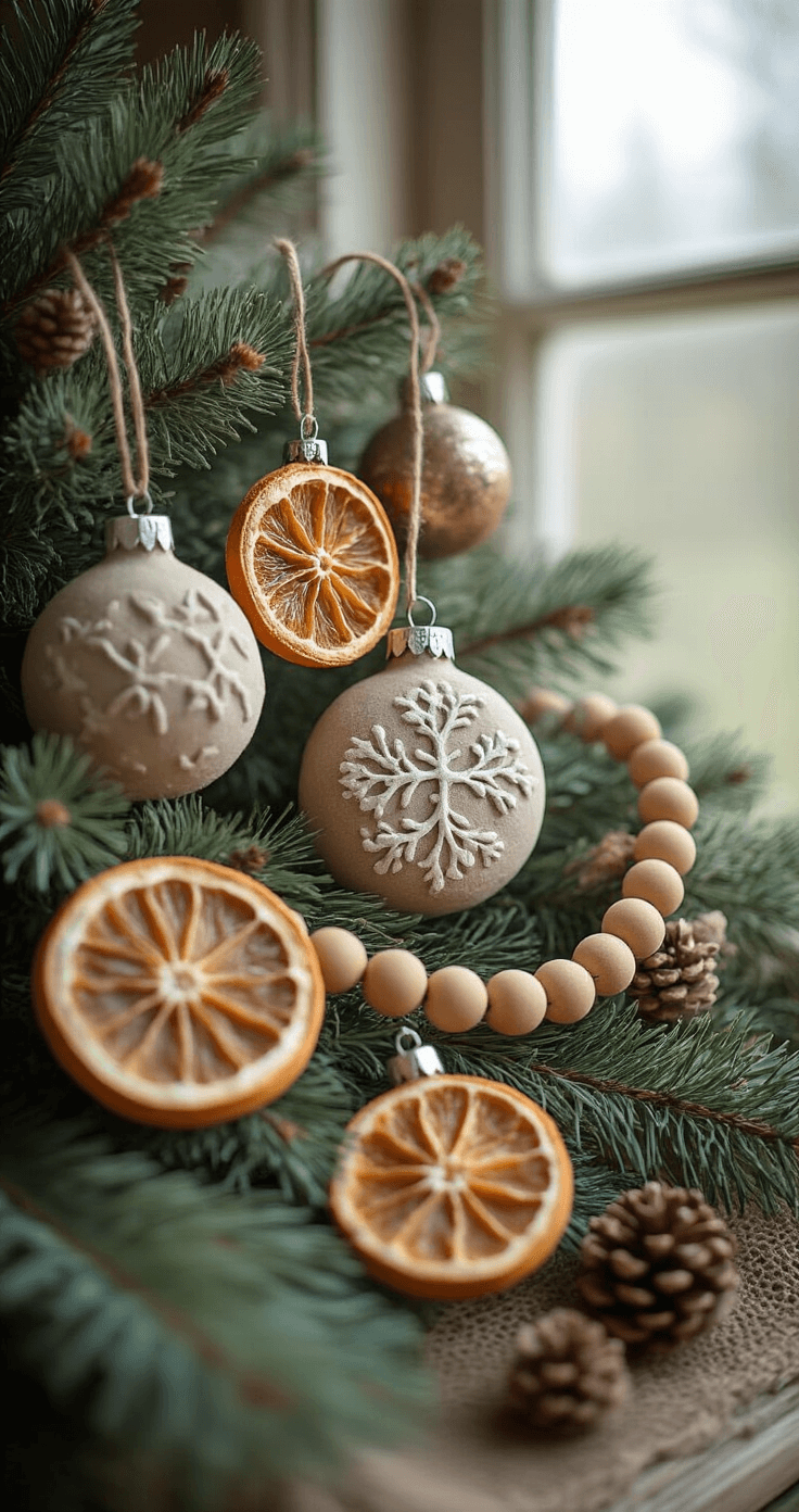 Close-up of a rustic arrangement of handmade salt dough tree ornaments, dried citrus garland, vintage finds, and family heirloom pieces displayed on evergreen branches, softly illuminated by morning light, showcasing a mix of matte and metallic finishes with layered wooden bead strands.