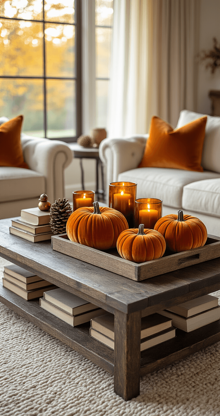 Wide-angle shot of a rustic living room at golden hour featuring a dark walnut coffee table adorned with a weathered wooden tray, burnt orange velvet pumpkins, amber glass candles, and leather-bound books, with a warm cream sofa and textured beige rug in the background, all bathed in soft natural light streaming through sheer curtains, creating a cozy autumn atmosphere.