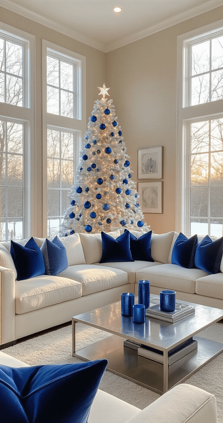 Wide-angle view of a sophisticated living room bathed in golden hour light, featuring a white artificial Christmas tree adorned with blue and turquoise ornaments, a cream sectional sofa with blue velvet pillows, and a silver coffee table with metallic candles, all set against beige walls and hardwood floors, highlighting the room's 12-foot ceilings and modern crown molding.