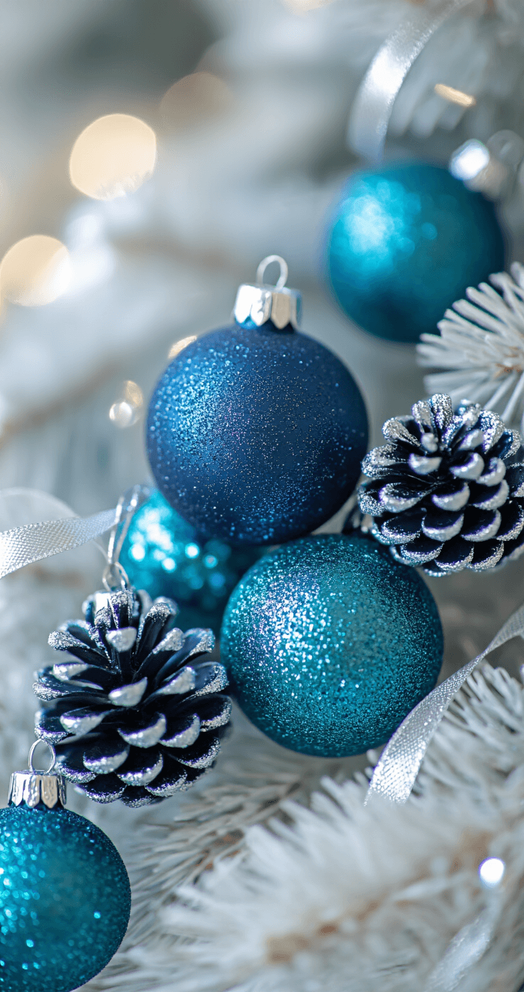 Close-up macro shot of matte navy baubles, shiny turquoise spheres, and glittered royal blue pinecones on white artificial branches, with silver ribbon and a cool LED bokeh background, capturing the intimate detail of holiday craftsmanship.