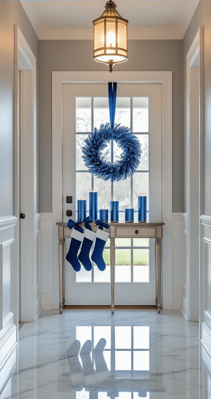 A cozy entryway foyer at twilight, featuring a frosted glass door and a blue ornament wreath with a navy ribbon on a white front door. A narrow console table displays a collection of blue stockings and metallic blue pillar candles in silver holders. Polished marble floors reflect warm light, with white wainscoting and pale gray upper walls. Overhead pendant lighting casts a warm ambient glow, creating a welcoming and sophisticated atmosphere.