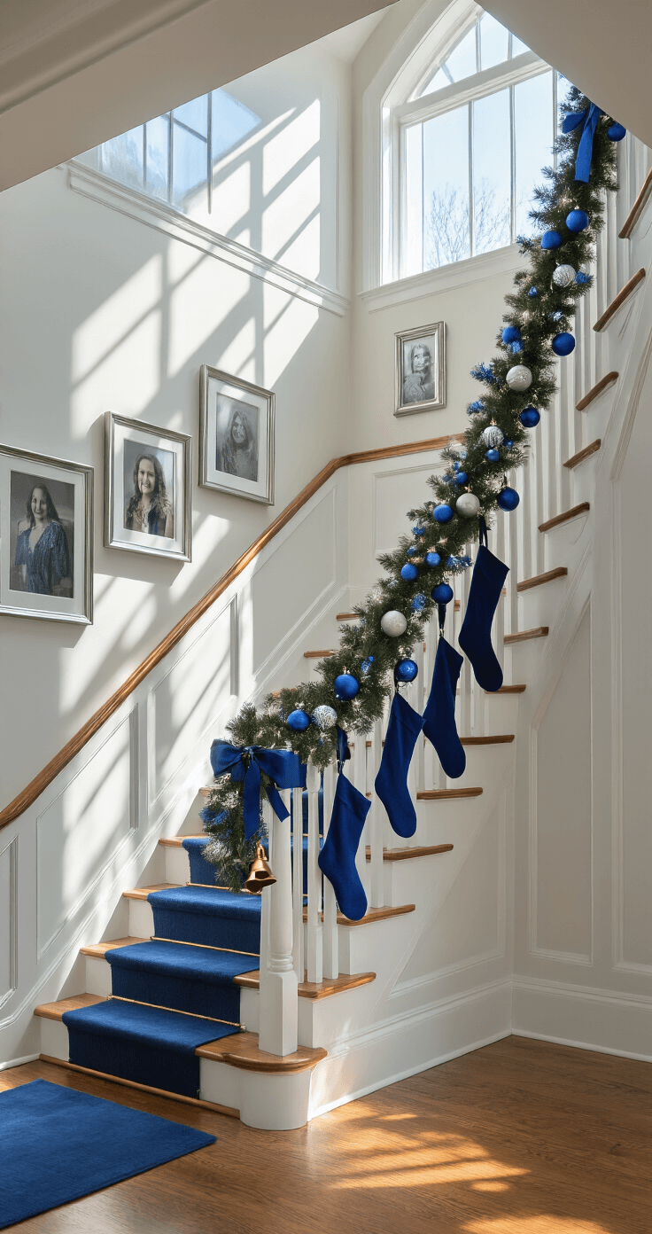 A grand staircase decorated for the holidays, featuring a white banister wrapped in garland with blue ornaments, silver bells, and navy ribbon. Blue stockings hang along the railing, while hardwood steps are adorned with a blue runner carpet secured by brass rods. Family photos in silver frames line the walls, and morning light from a skylight creates dramatic shadows, enhancing the elegant atmosphere.
