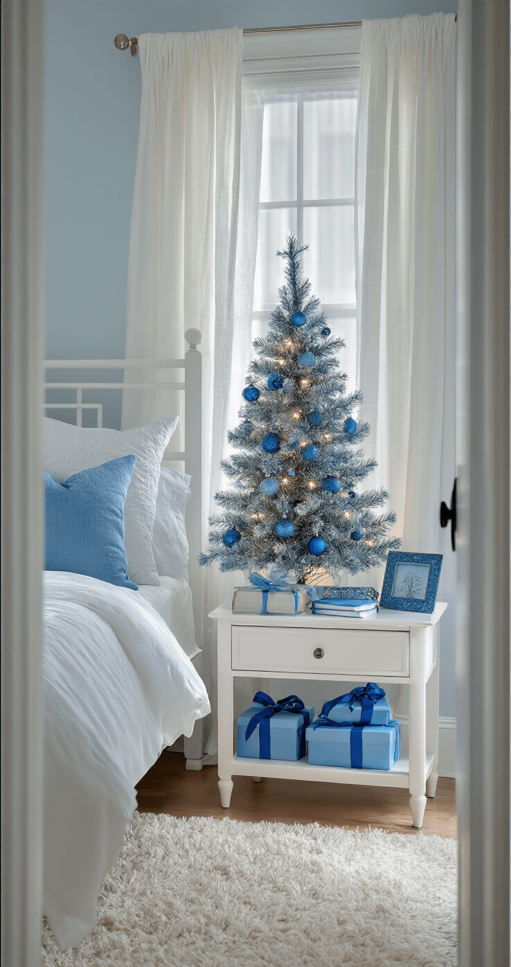 A cozy bedroom holiday corner featuring a small blue Christmas tree on a white nightstand with miniature blue ornaments and battery LED lights, soft morning light filtering through sheer curtains, blue throw pillows on white bedding, metallic blue picture frames, and blue ribbon gift boxes beneath the tree, all set against a pale blue accent wall and white furniture.