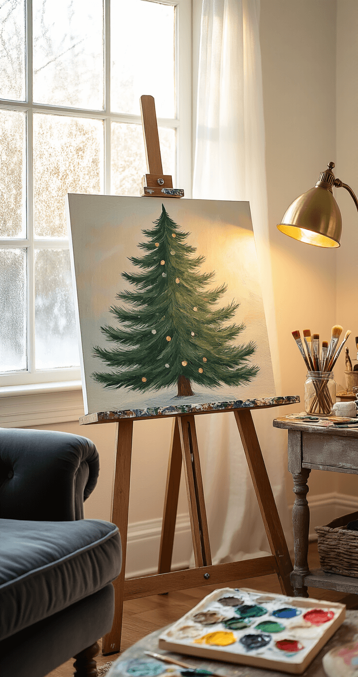 Cozy living room corner showcasing a handmade Christmas tree painting on an easel, illuminated by warm golden hour light from a frost-covered window, with rustic art supplies scattered on a weathered oak side table and a plush charcoal velvet armchair nearby, creating an atmospheric artistic workspace.