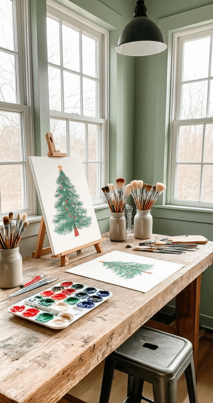 Bright artist studio with a Christmas tree painting setup; reclaimed pine worktable holds watercolor paper, festive acrylic paints, and brushes in a ceramic holder. Soft sage green walls and clear morning light create a clean, minimalist aesthetic with holiday color pops.