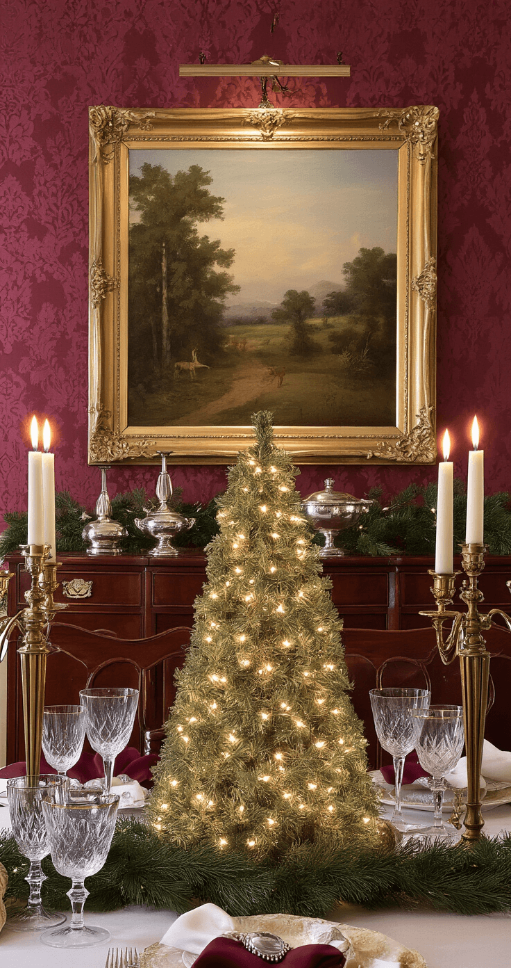 Elegant dining room featuring a Christmas tree artwork centerpiece, flickering candlelight from brass candelabras, a framed painting above a mahogany sideboard, burgundy damask wallpaper, crystal wine glasses, silver serving pieces, fresh pine garland, warm amber vintage chandelier light, and a sophisticated holiday atmosphere with deep jewel tones and luxurious textures.