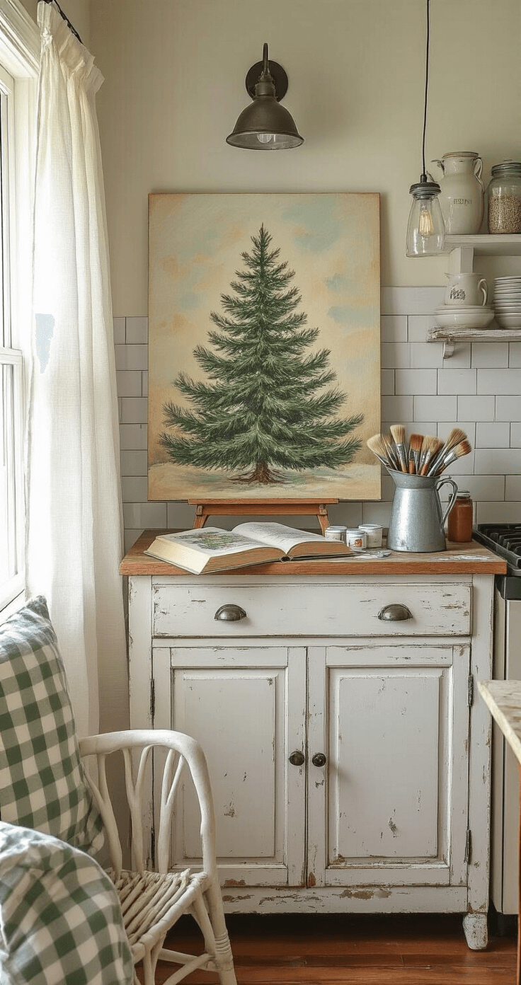 A cozy farmhouse kitchen corner featuring an artist's workspace with a Christmas tree painting in progress, illuminated by afternoon sunlight filtering through sheer linen curtains. The painting is displayed on a vintage cookbook stand atop a distressed white cabinet, surrounded by scattered brushes and paint tubes on a butcher block counter. A galvanized metal pitcher holds additional supplies, with a subway tile backsplash and a mason jar light fixture overhead. A gingham chair is pulled close, set against a warm white and sage color palette, showcasing rustic wood and ceramic textures.