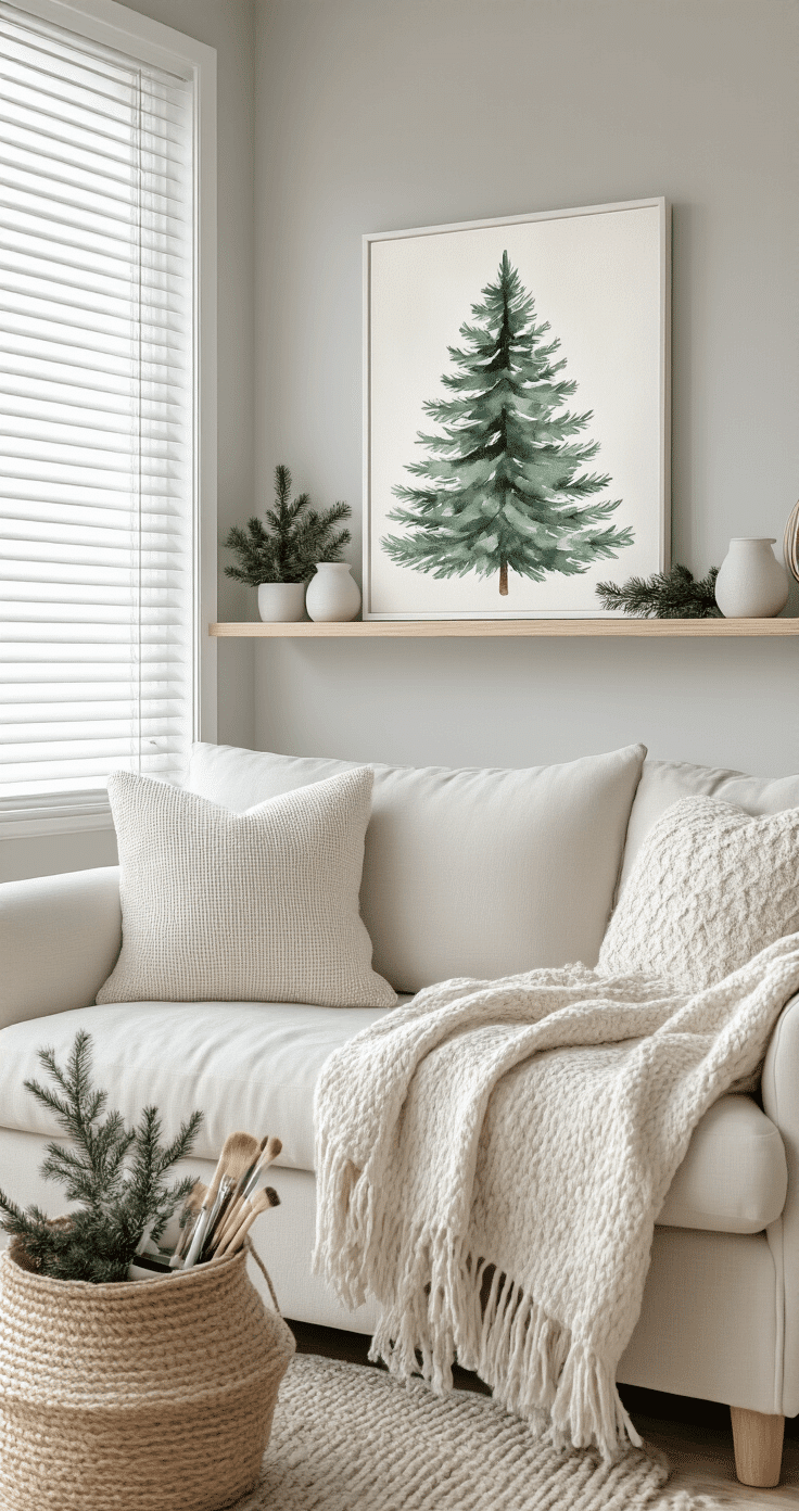 Cozy Scandinavian-style living room corner featuring a watercolor Christmas tree painting on a floating shelf, surrounded by small potted evergreens and white ceramic vessels, with a cream linen sofa draped in hygge throw blankets, light ash wood furniture, diffuse light through white blinds, and a natural jute basket holding art supplies against pale gray walls.