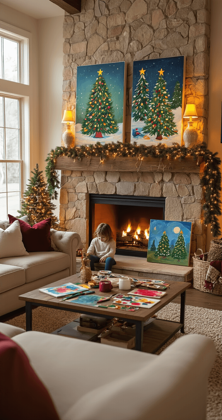 A cozy family room decorated for the holidays, featuring multiple Christmas tree paintings on a rustic wooden mantel above a stone fireplace, soft lamplight from ceramic table lamps, a comfortable beige sectional sofa, scattered art supplies on a coffee table, children's and adult versions of holiday paintings, pine garland with string lights, and burgundy and gold accents, all creating a joyful and creative atmosphere.