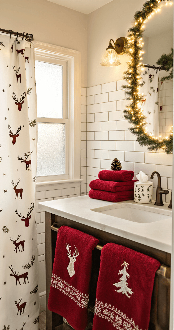 A cozy Christmas bathroom featuring a reindeer-patterned shower curtain, white subway tiles, and a floating vanity with a quartz countertop. Plush red towels are neatly folded on a bronze ladder rack, alongside a ceramic soap dispenser shaped like a Christmas tree and a pinecone tissue box cover. Warm white string lights adorn the mirror frame, enhancing the rich burgundy and forest green color palette with cream accents, all bathed in soft morning light from a frosted window.