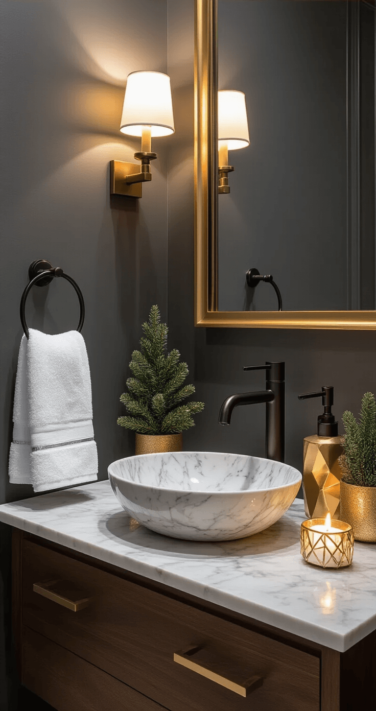 Elegant modern Christmas powder room featuring charcoal gray walls, a marble vessel sink on a walnut floating vanity, and metallic gold accessories. Warm sconce lighting casts shadows, enhancing the sophisticated color scheme of gold, silver, and white against the dark backdrop. Cozy ambiance with flickering candle holders and a small potted evergreen; luxurious white towels with silver threading hang on matte black hardware.