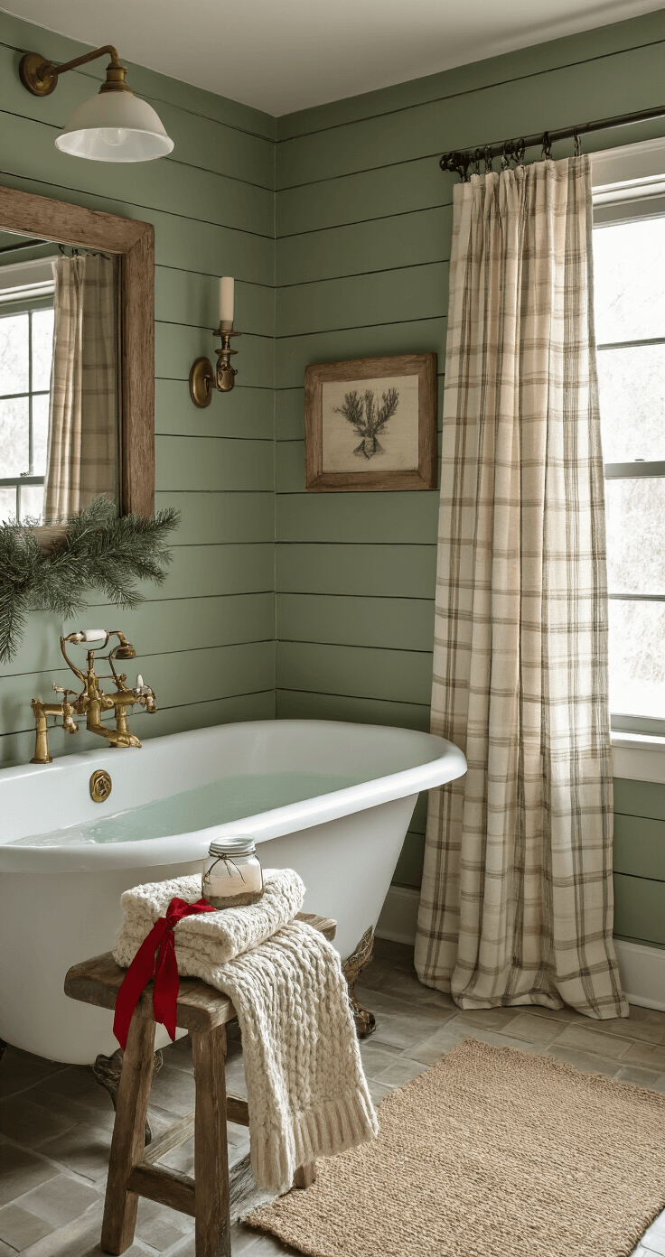 A cozy rustic farmhouse bathroom decorated for Christmas, featuring sage green shiplap walls, vintage brass fixtures, a clawfoot tub with a tartan shower curtain, and soft afternoon light filtering through sheer curtains. The space includes chunky cream cable-knit towels on an antique wooden stool, a mason jar soap dispenser tied with a red ribbon, and a galvanized metal tray filled with pine branches, all framed by a weathered wood mirror and a burlap runner on the vanity.