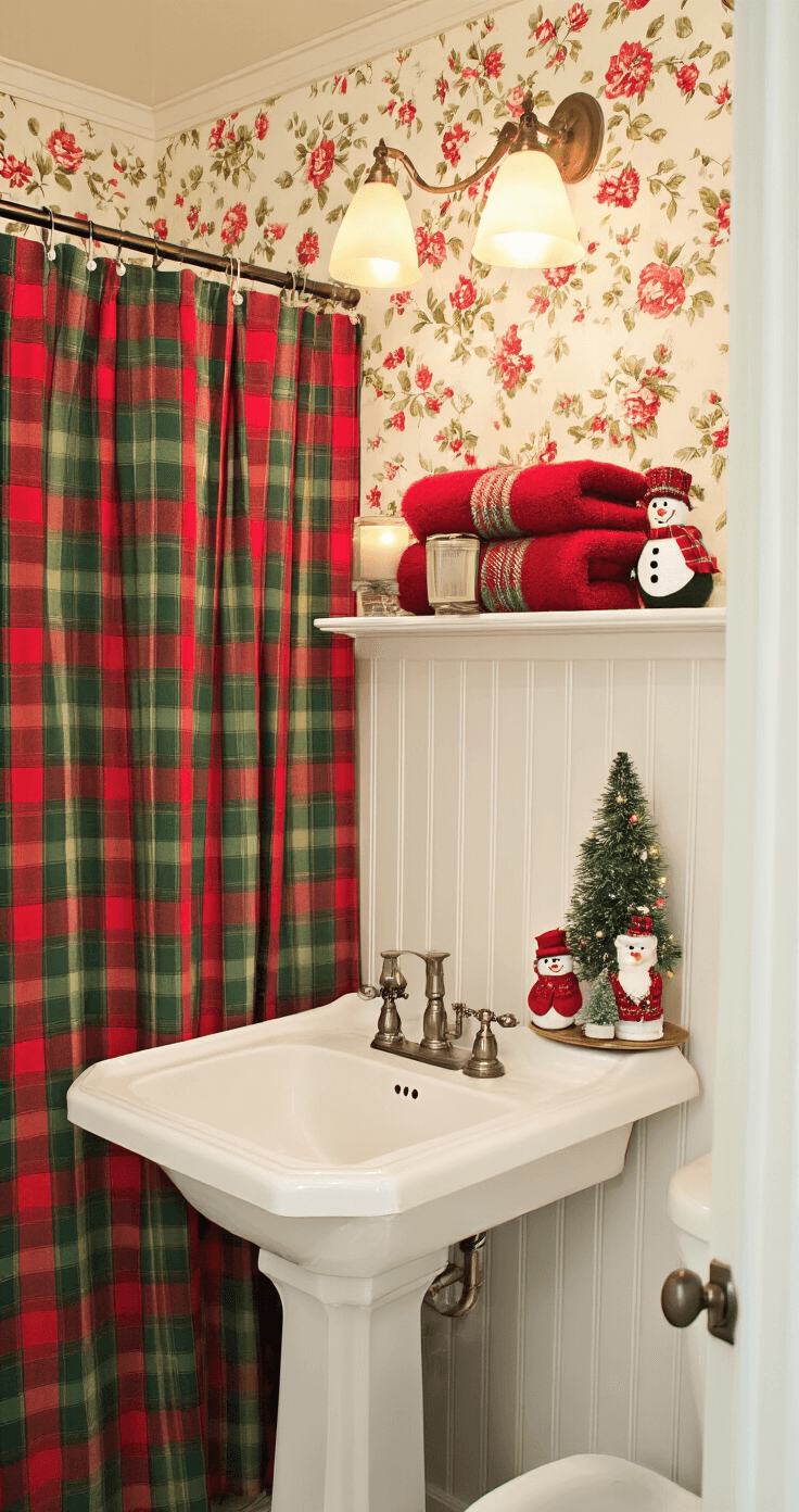 A warmly lit traditional family bathroom decorated for Christmas, featuring white beadboard wainscoting, floral wallpaper, a vintage pedestal sink, festive plaid shower curtain, snowman accessories, LED candles, and a mini Christmas tree on the toilet tank, all creating a nostalgic holiday atmosphere.