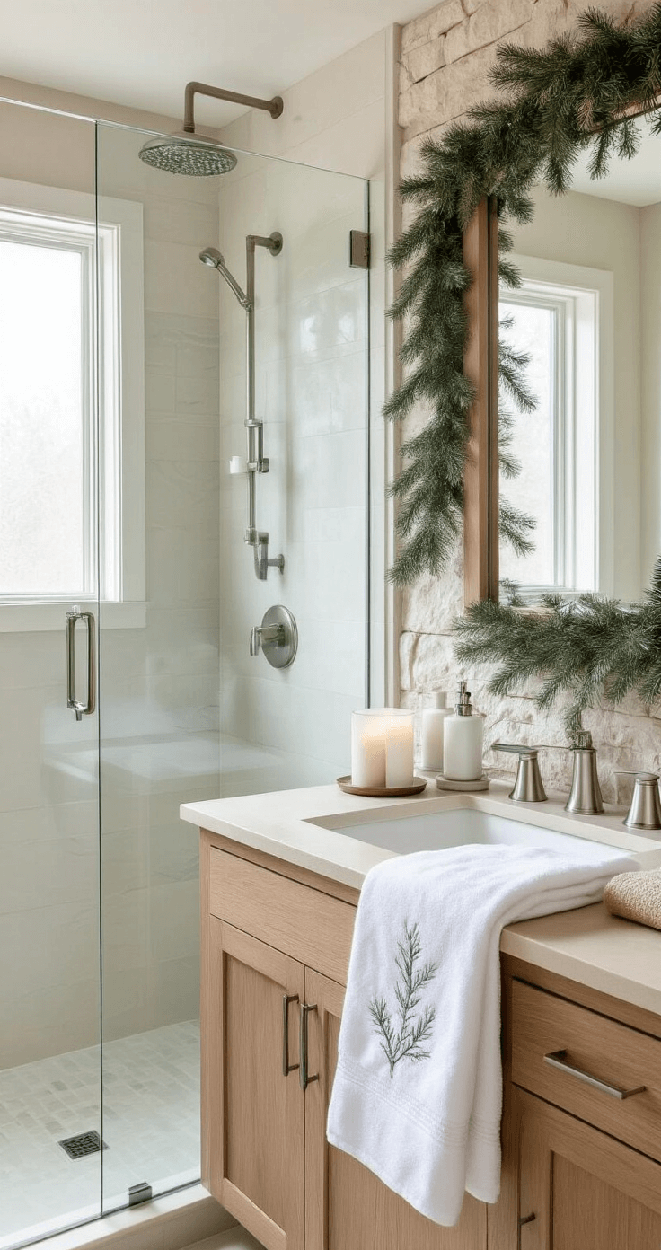 A luxurious bathroom retreat decorated for Christmas, featuring natural stone walls, a rainfall shower, and a teak vanity, illuminated by soft morning light. Elegant holiday elements include frosted glass candle holders, silver soap dispensers, and plush white towels adorned with pine branch embroidery, complemented by a fresh eucalyptus garland draped along the mirror, all contributing to a serene white and silver palette.