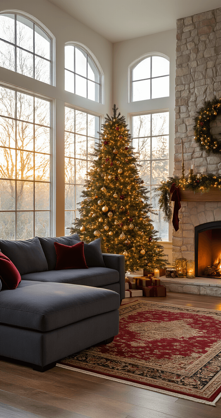 Medium shot of a cozy living room featuring a plush charcoal sectional sofa, a beautifully decorated 7-foot Fraser fir Christmas tree, and a crackling stone fireplace, all illuminated by warm sunset light filtering through frosted windows.