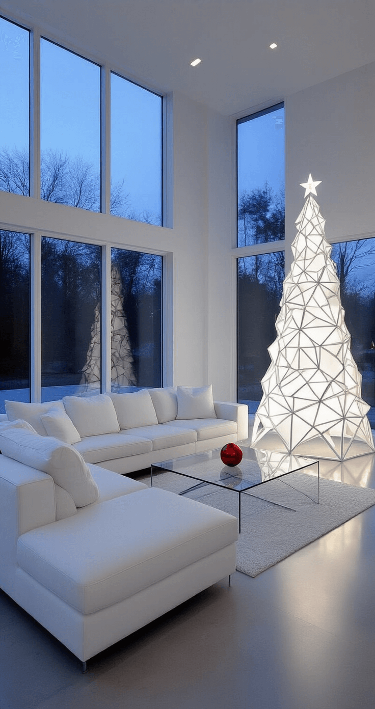 Wide angle view of a modern minimalist living space with a sleek white sectional and glass coffee table, featuring a 6-foot tall geometric white metal Christmas tree sculpture near floor-to-ceiling windows during blue hour twilight. The room showcases clean lines with a monochromatic palette, polished concrete floors, white walls, and subtle LED strip lighting, with a single red ornament adding a pop of color.