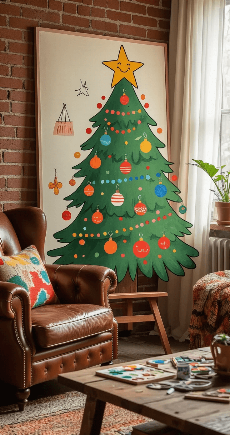Close-up view of an eclectic family room with a vintage leather armchair and colorful throw pillows, featuring a whimsical cartoon-style Christmas tree illustration on an easel, surrounded by art supplies on a reclaimed wood coffee table, with warm amber lighting and plants throughout.