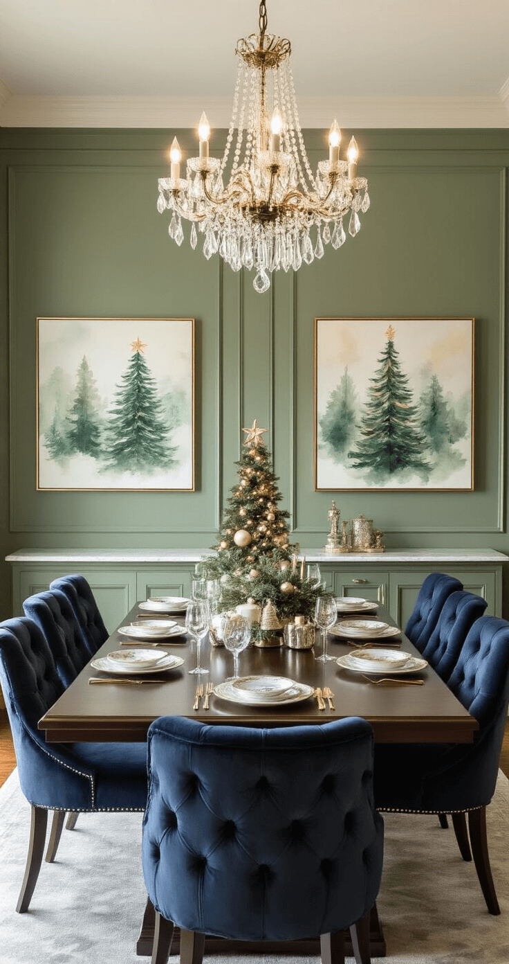 Elegant dining room with dark walnut table and tufted navy chairs, featuring a watercolor Christmas tree artwork series on a sage green wall, illuminated by a crystal chandelier casting warm light.