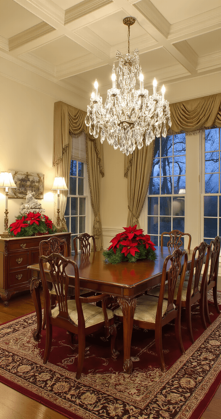 Elegant formal dining room with coffered cream ceilings and a Douglas fir tree adorned with scarlet ornaments and forest green ribbon, illuminated by a crystal chandelier, featuring a mahogany dining set atop a burgundy Persian rug, with twilight visible through sheer curtains.