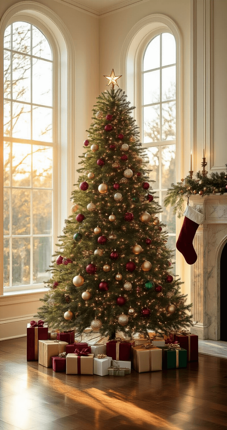 A grand living room during golden hour, featuring a beautifully decorated 9-foot Fraser fir Christmas tree beside a marble fireplace, with sunlight creating reflections on glass ornaments and vintage mercury glass finials, surrounded by wrapped gifts and rich hardwood floors.