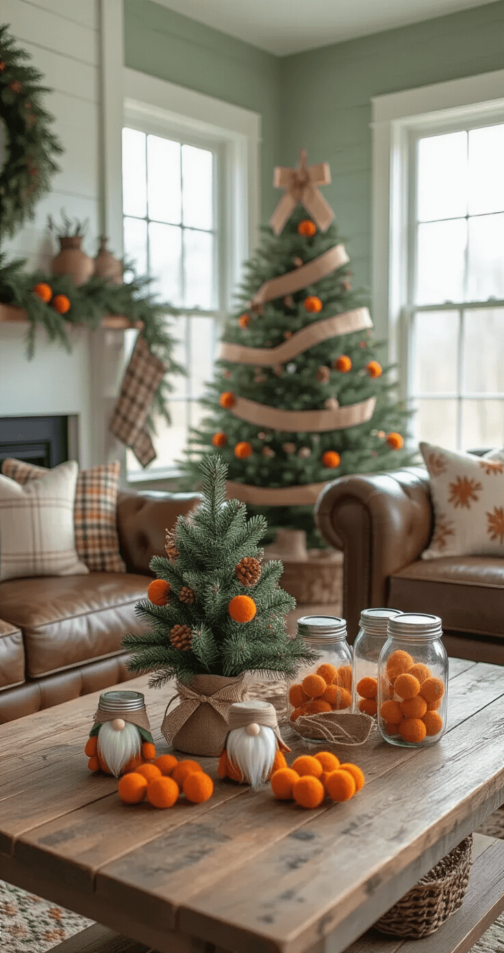 Cozy farmhouse living room decorated for Christmas, featuring a rustic tree adorned with homemade ornaments, a weathered wood coffee table with crafting supplies, and a vintage quilt over a leather sofa, all bathed in warm afternoon light.