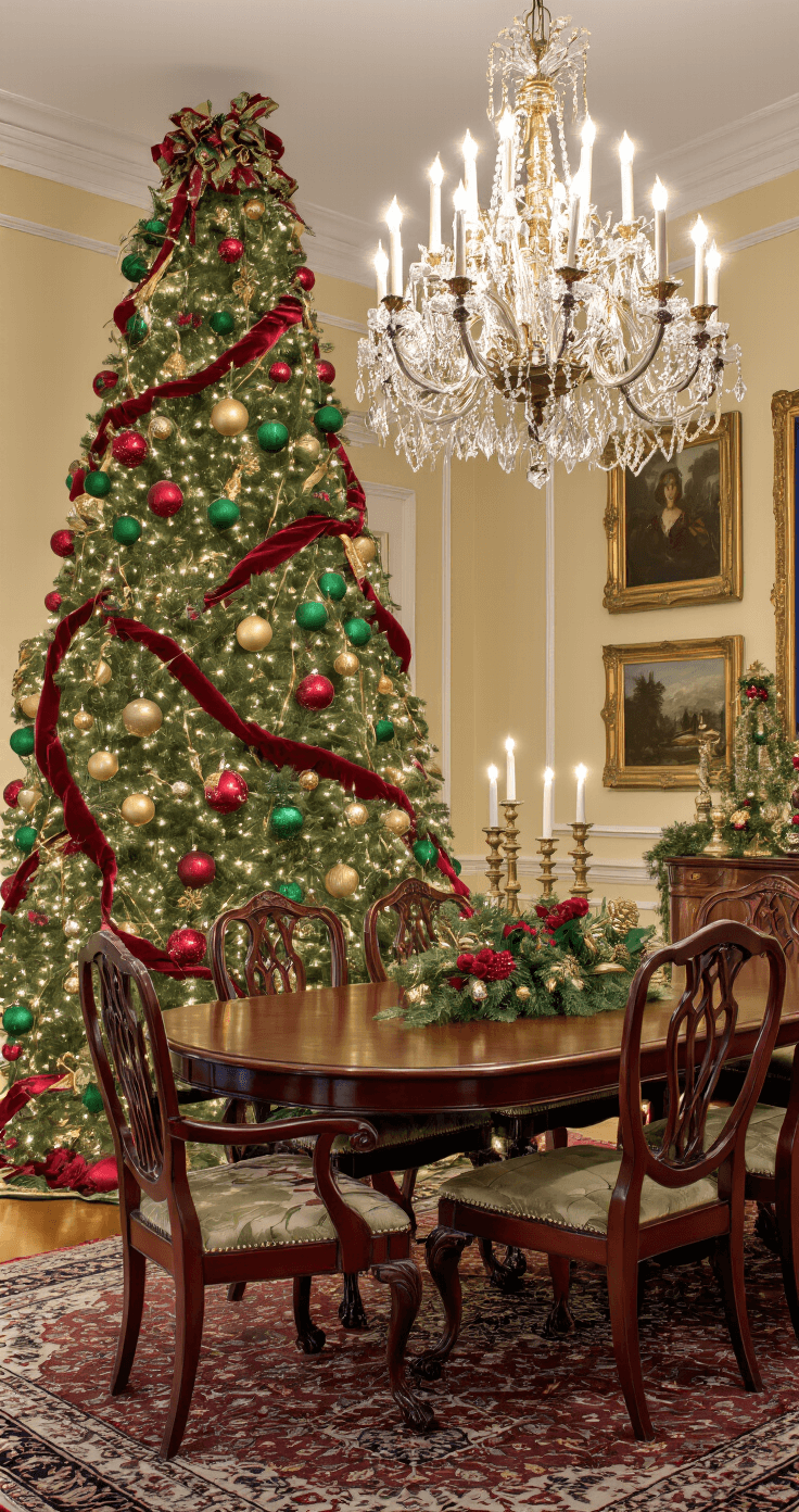 Elegant formal dining room adorned in a classic Christmas theme of red, green, and gold, featuring a towering Noble fir tree with traditional glass ornaments and luxurious gold garland, illuminated by a crystal chandelier above a mahogany dining table, all set against a Persian rug and gilded-framed oil paintings, creating a sophisticated holiday atmosphere.