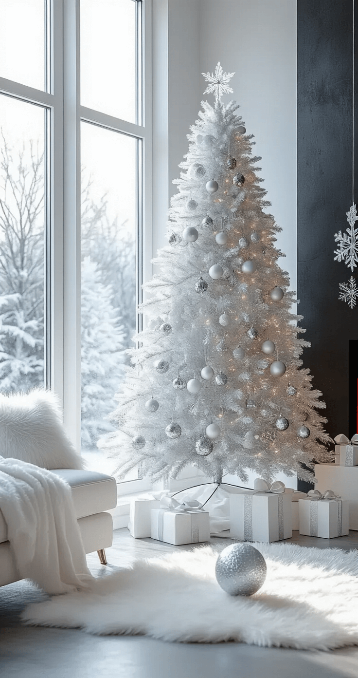 Modern winter wonderland living room with a monochromatic white and silver Christmas tree, illuminated by natural light from floor-to-ceiling windows, featuring frosted glass ornaments, minimalist decor, and icy blue LED lights, set against a charcoal accent wall and contemporary furniture.