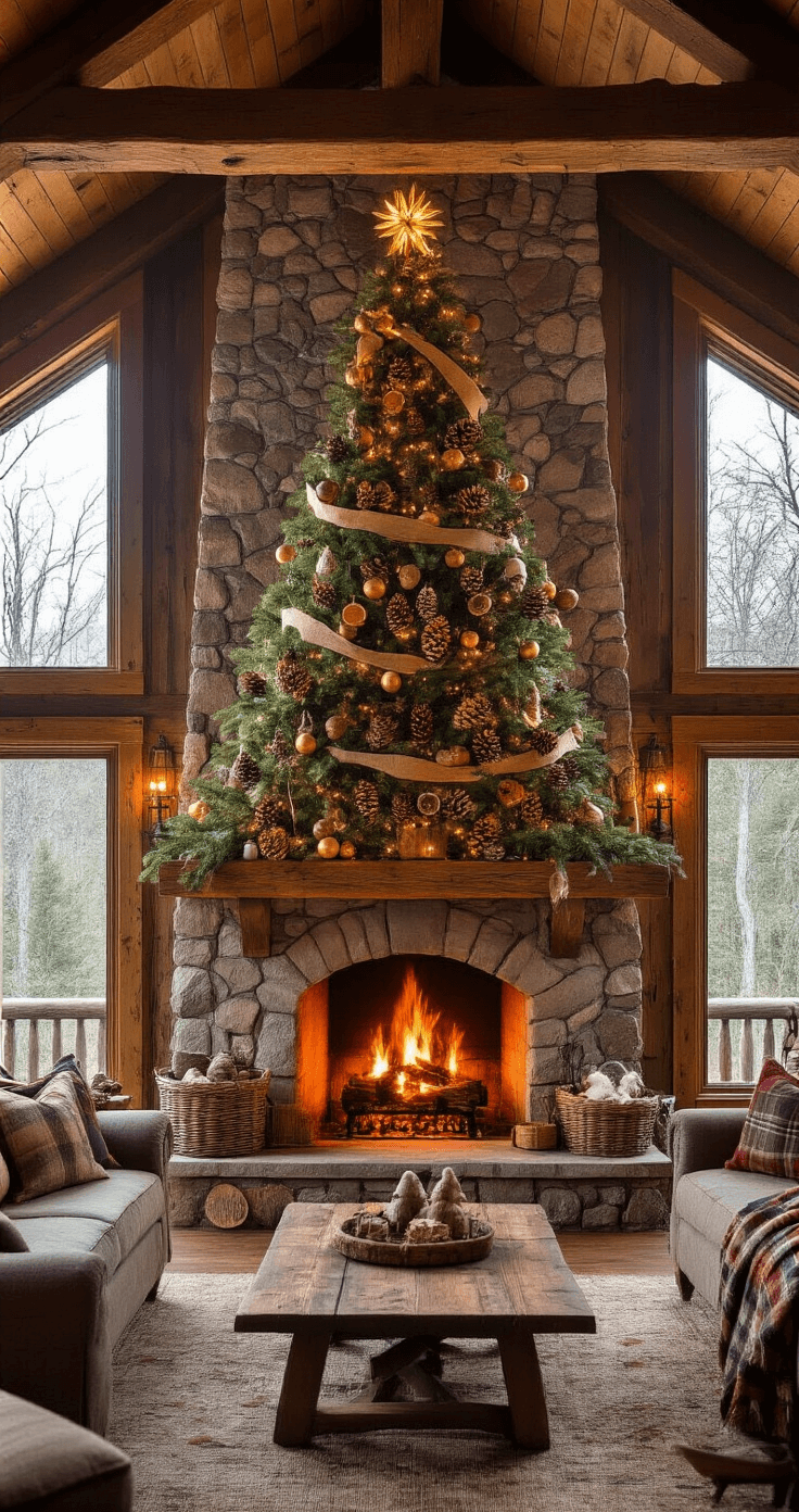 A cozy rustic lodge great room at sunset, featuring a massive stone fireplace, a decorated 12-foot Christmas tree with natural ornaments, exposed timber beams, fieldstone walls, and warm firelight illuminating rough-hewn furniture and Pendleton wool blankets.
