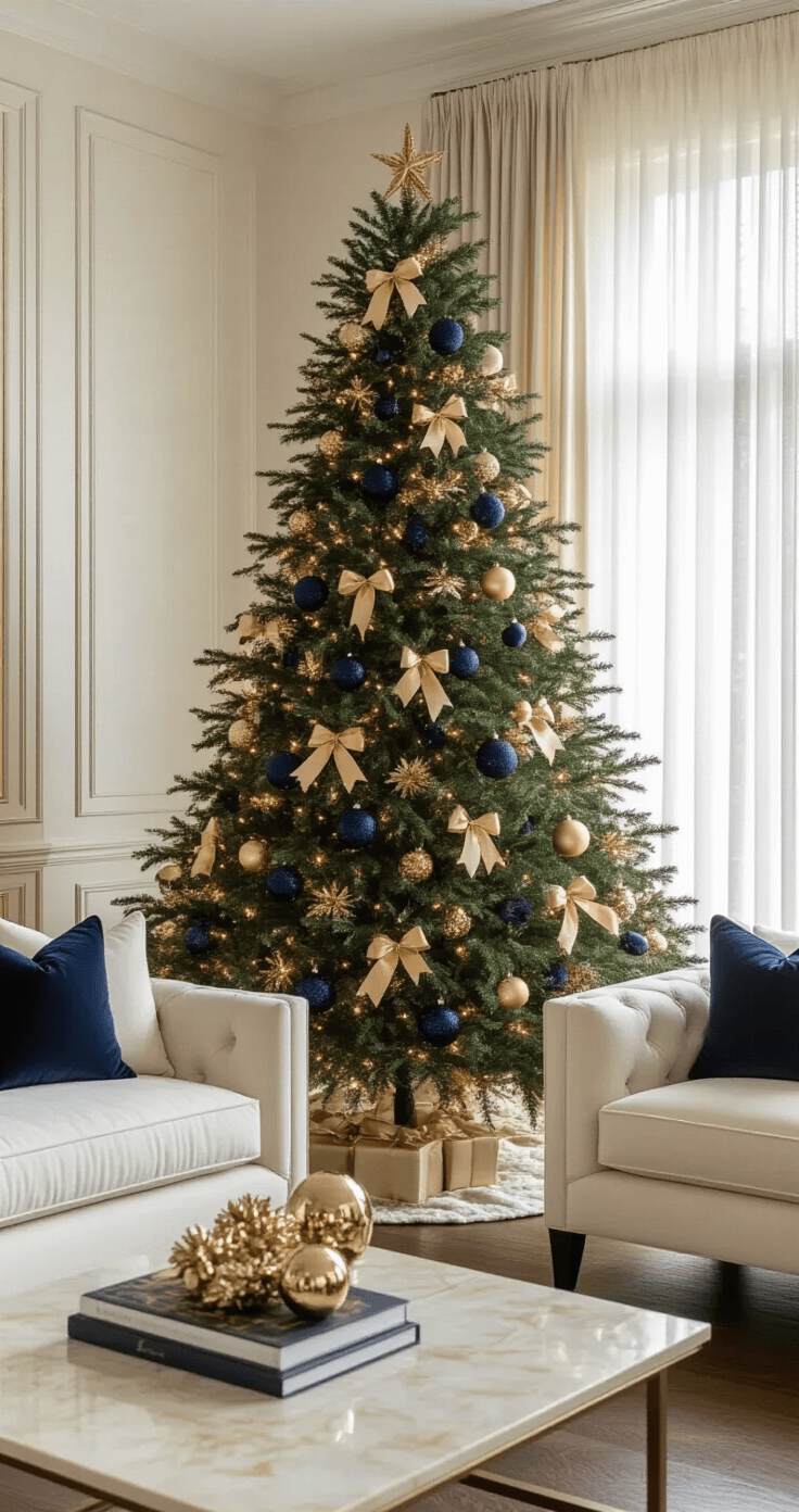 Elegant living room at golden hour featuring an 8-foot Fraser fir Christmas tree adorned with navy velvet ornaments and champagne gold ribbon, complemented by a cream sectional sofa and polished marble coffee table, all set against rich mahogany floors and pearl white walls.