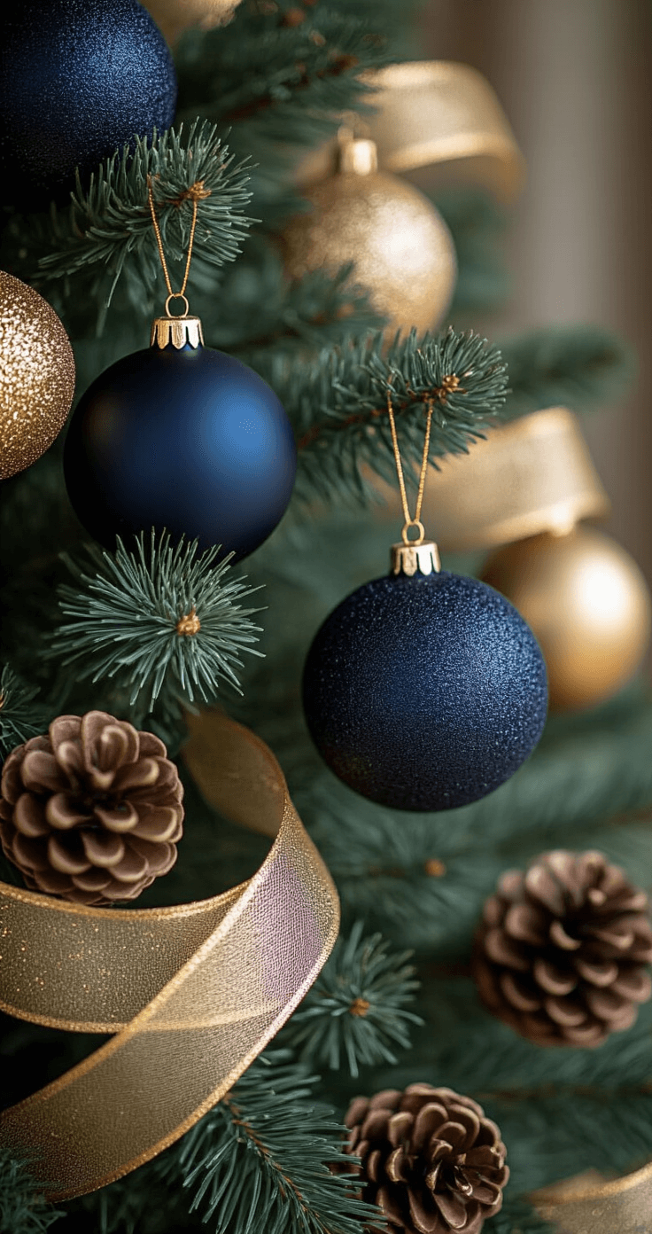 Close-up detail of layered Christmas tree branches featuring matte navy ornaments, brushed gold baubles, natural pinecones, and artificial pine picks, with sheer gold ribbon interwoven. Soft lighting enhances metallic finishes and textures against a blurred background, highlighting a color palette of deep midnight navy, warm champagne gold, and sage green.