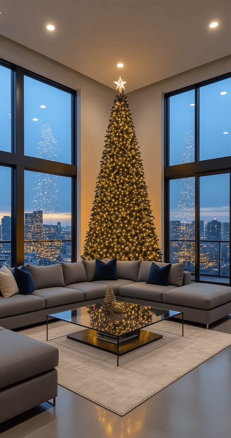 Wide shot of a modern open-concept living space at dusk, featuring a tall Christmas tree in a corner, adorned with green, navy, and gold decorations, with twinkling city lights visible through floor-to-ceiling windows, highlighting a contemporary gray sectional and polished concrete floors.