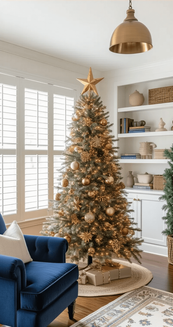 Family room decorated for Christmas featuring a mixed metallic tree topper, with a brushed brass star and copper elements. The tree is nestled between white bookshelves, complemented by a cozy navy velvet armchair and a Persian rug. Natural light streams through plantation shutters, highlighting the warm traditional decor in rich jewel tones.