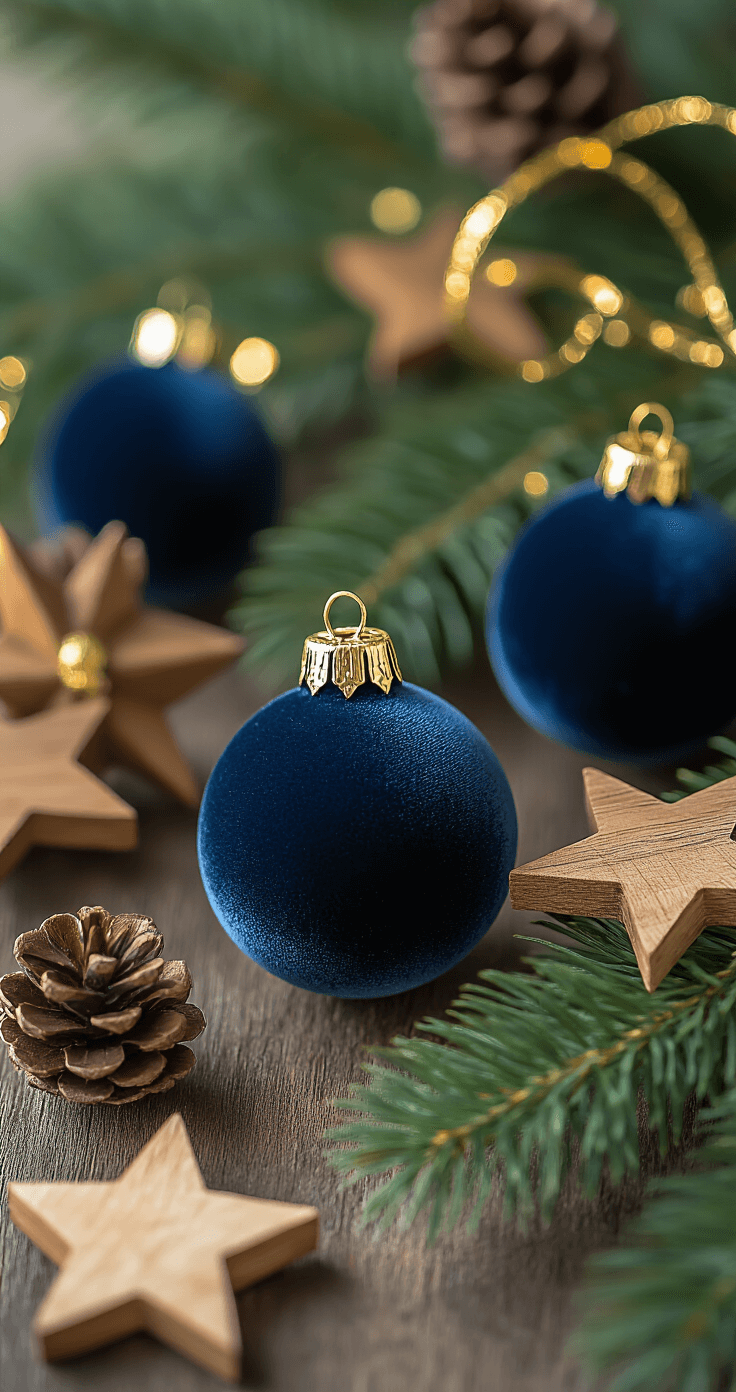 Macro shot of deep navy velvet ornaments and rough-hewn wooden stars, accented with miniature pinecones and gold metallic ribbon, against a soft green pine background.